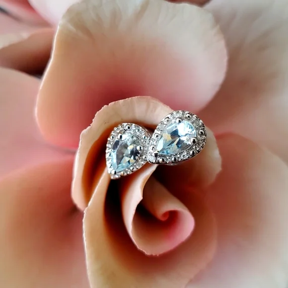 Aquamarine Gemstone and Diamond Accent Sterling Silver Stud Earrings - Picture 4 of 7